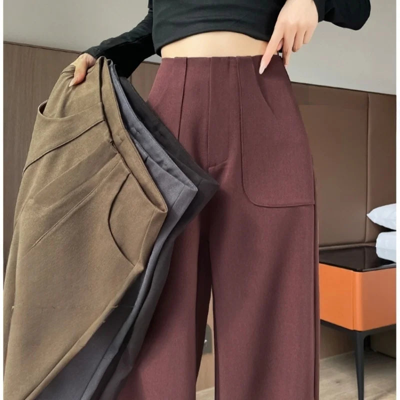 2025 New Spring Summer White Pockets Wide Leg Pants for Women Elegant Solid Office Lady Korean Women's Casual Loose Pants Female