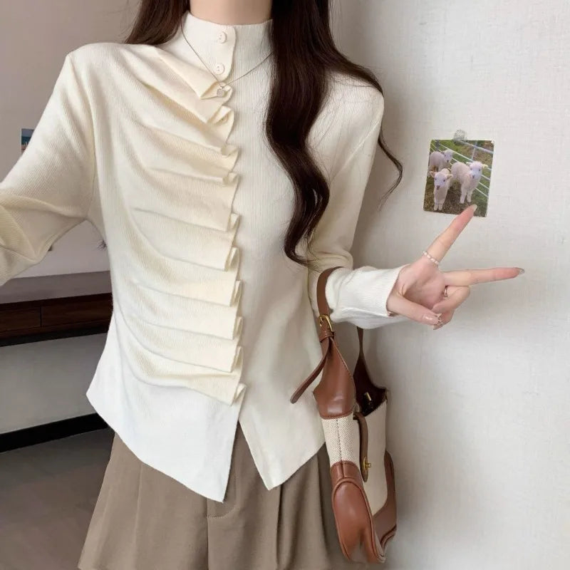 Women Clothing Spring Autumn Fashion Simplicity Trend Irregular Pleated Solid Color Half High Collar Female Temperament Pullover