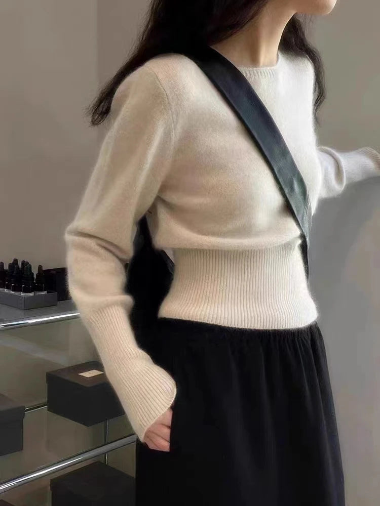 Women 100% Merino Wool Soft Sweater High Waisted Straight Neck Pullover Autumn Winter European Waistband Bottoming Knitted Top